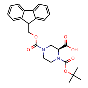 Chemical structure of (S)-1-N-Boc-4-N-Fmoc-piperazine2-carboxylic acid , CAS 1034574-30-5, AChemBlock T99369