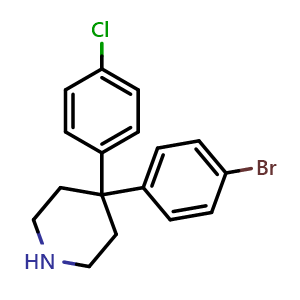 Chemical structure of 4-(4-bromophenyl)-4-(4-chlorophenyl)piperidine , CAS 857531-01-2, AChemBlock T99473