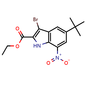 Chemical structure of ethyl 3-bromo-5-(tert-butyl)-7-nitro-1H-indole-2-carboxylate , CAS 2411637-52-8, AChemBlock T99474