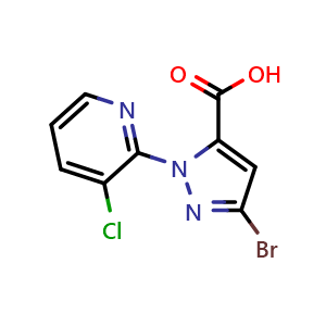 Chemical structure of 3-Bromo-1-(3-chloropyridin-2-yl)-1H-pyrazole-5-carboxylic acid , CAS 500011-86-9, AChemBlock T99489