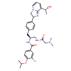 Chemical structure of 3-chloro-N-((2S)-1-(2-(dimethylamino)acetamido)-3-(4-(8-((R)-1-hydroxyethyl)-2,3-dihydroimidazo[1,2-a]pyridin-2-yl)phenyl)propan-2-yl)-4-isopropoxybenzamide , AChemBlock T99520