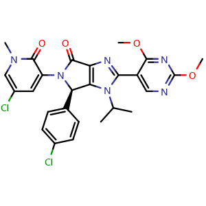 Chemical structure of (R)-5-(5-chloro-1-methyl-2-oxo-1,2-dihydropyridin-3-yl)-6-(4-chlorophenyl)-2-(2,4-dimethoxypyrimidin-5-yl)-1-isopropyl-5,6-dihydropyrrolo[3,4-d]imidazol-4(1H)-one , CAS 1448867-42-2, AChemBlock T99521