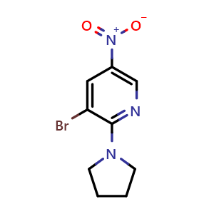 Chemical structure of 3-Bromo-5-nitro-2-(pyrrolidin-1-yl)pyridine , CAS 1065074-81-8, AChemBlock T99553