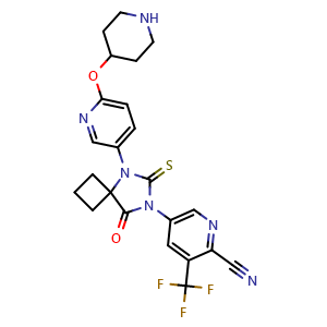 Chemical structure of 5-(8-oxo-5-(6-(piperidin-4-yloxy)pyridin-3-yl)-6-thioxo-5,7-diazaspiro[3.4]octan-7-yl)-3-(trifluoromethyl)picolinonitrile , CAS 2110426-27-0, AChemBlock T99563