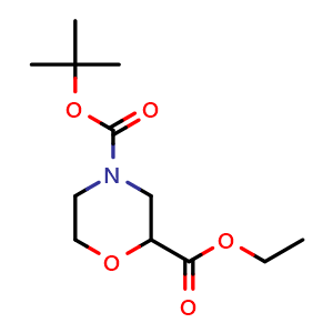Chemical structure of 4-Boc-2-morpholinecarboxylic acid ethyl ester , CAS 768371-16-0, AChemBlock T99564