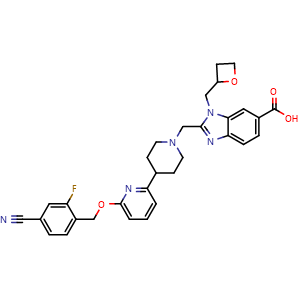 Chemical structure of 2-[[4-[6-[(4-cyano-2-fluoro-phenyl)methoxy]-2-pyridyl]-1-piperidyl]methyl]-3-(oxetan-2-ylmethyl)benzimidazole-5-carboxylic acid , CAS 2230200-08-3, AChemBlock T99575