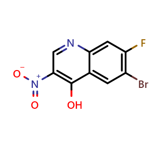 Chemical structure of 6-bromo-7-fluoro-3-nitroquinolin-4-ol , CAS 1656989-76-2, AChemBlock T99696