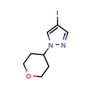 Chemical structure of 4-iodo-1-(tetrahydro-2H-pyran-4-yl)-1H-pyrazole , CAS 1175274-93-7, AChemBlock T99702