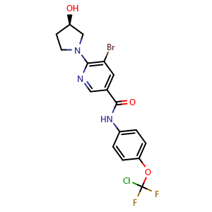 Chemical structure of 5-bromo-N-(4-(chlorodifluoromethoxy)phenyl)-6-((R)-3-hydroxypyrrolidin-1-yl)pyridine-3-carboxamide , CAS 1491150-21-0, AChemBlock T99744