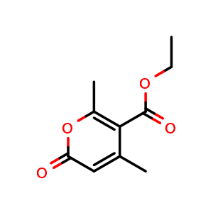 Chemical structure of ethyl 4,6-dimethyl-2-oxo-2H-pyran-5-carboxylate , CAS 3385-34-0, AChemBlock T99785