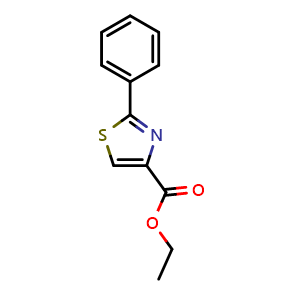 Chemical structure of ethyl 2-phenyl-1,3-thiazole-4-carboxylate , CAS 59937-01-8, AChemBlock T99829
