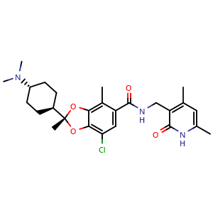 Chemical structure of (R)-7-chloro-N-((4,6-dimethyl-2-oxo-1,2-dihydropyridin-3-yl)methyl)-2-((1r,4R)-4-(dimethylamino)cyclohexyl)-2,4-dimethylbenzo[d][1,3]dioxole-5-carboxamide , CAS 1809336-39-7, AChemBlock T99888