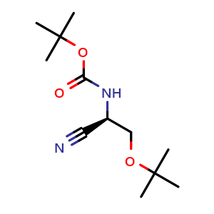 Chemical structure of tert-butyl (R)-(2-(tert-butoxy)-1-cyanoethyl)carbamate , CAS 1673534-99-0, AChemBlock T99897