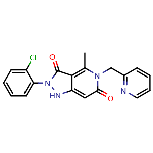Chemical structure of 2-(2-chlorophenyl)-4-methyl-5-(pyridin-2-ylmethyl)-1,2-dihydro-3H-pyrazolo[4,3-c]pyridine-3,6(5H)-dione , CAS 955272-06-7, AChemBlock T99990