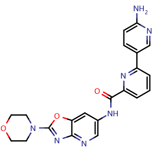 Chemical structure of 6'-Amino-N-[2-(morpholin-4-yl)-[1,3]oxazolo[4,5-b]pyridin-6-yl]-[2,3'-bipyridine]-6-carboxamide , CAS 1801343-74-7, AChemBlock U102528