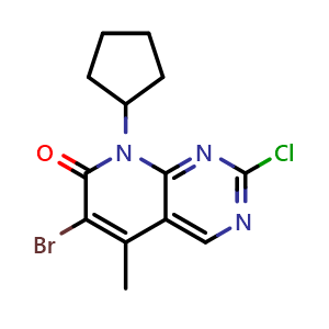 Chemical structure of 6-Bromo-2-chloro-8-cyclopentyl-5-methyl-7H,8H-pyrido[2,3-d]pyrimidin-7-one , CAS 1016636-76-2, AChemBlock U102634