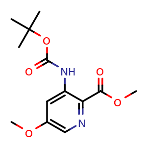 Chemical structure of Methyl 3-(tert-butoxycarbonylamino)-5-methoxy-pyridine-2-carboxylate , CAS 1211592-51-6, AChemBlock U102702