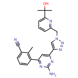 Chemical structure of 3-(2-Amino-6-(1-((6-(2-hydroxypropan-2-yl)pyridin-2-yl)methyl)-1H-1,2,3-triazol-4-yl)pyrimidin-4-yl)-2-methylbenzonitrile , CAS 2239273-34-6, AChemBlock U102966