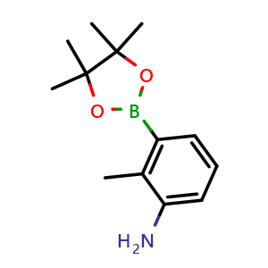 Chemical structure of 2-Methyl-3-(4,4,5,5-tetramethyl-1,3,2-dioxaborolan-2-yl)aniline , CAS 882678-96-8, AChemBlock U102968