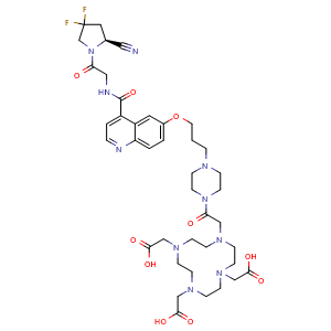 Chemical structure of (S)-2,2',2''-(10-(2-(4-(3-((4-((2-(2-Cyano-4,4-difluoropyrrolidin-1-yl)-2-oxoethyl)carbamoyl)quinolin-6-yl)oxy)propyl)piperazin-1-yl)-2-oxoethyl)-1,4,7,10-tetraazacyclododecane-1,4,7-triyl)triacetic acid , CAS 2374782-02-0, AChemBlock U102987
