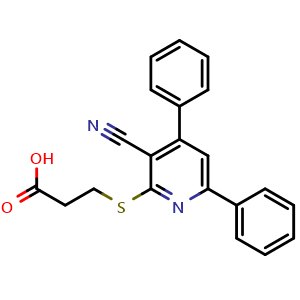Chemical structure of 3-((3-Cyano-4,6-diphenylpyridin-2-yl)thio)propanoic acid , CAS 332040-72-9, AChemBlock U102999
