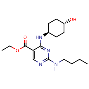 Chemical structure of Ethyl 2-(butylamino)-4-(((1r,4r)-4-hydroxycyclohexyl)amino)pyrimidine-5-carboxylate , CAS 1951445-20-7, AChemBlock U103009