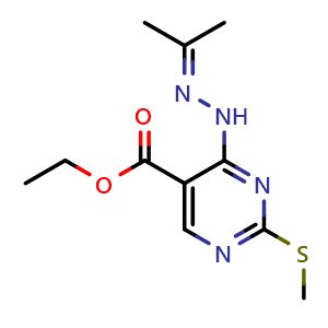 Chemical structure of Ethyl 2-(methylthio)-4-(2-(propan-2-ylidene)hydrazinyl)pyrimidine-5-carboxylate , CAS 109962-43-8, AChemBlock U103025