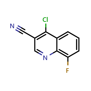 Chemical structure of 4-Chloro-8-fluoroquinoline-3-carbonitrile , CAS 1016879-30-3, AChemBlock U103060