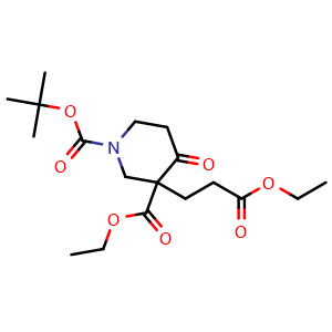 Chemical structure of 1-Tert-butyl 3-ethyl 3-(3-ethoxy-3-oxopropyl)-4-oxopiperidine-1,3-dicarboxylate , CAS 2665662-92-8, AChemBlock U103112