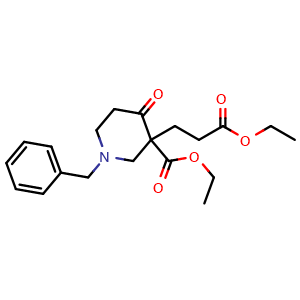 Chemical structure of Ethyl 1-benzyl-3-(3-ethoxy-3-oxopropyl)-4-oxopiperidine-3-carboxylate , CAS 72394-35-5, AChemBlock U103113