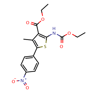 Chemical structure of Ethyl 2-((ethoxycarbonyl)amino)-4-methyl-5-(4-nitrophenyl)thiophene-3-carboxylate , CAS 308831-93-8, AChemBlock U103135