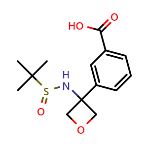 Chemical structure of 3-[3-(Tert-butylsulfinylamino)oxetan-3-yl]benzoic acid , CAS 2665662-99-5, AChemBlock U103278