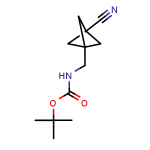 Chemical structure of Tert-butyl N-[(3-cyano-1-bicyclo[1.1.1]pentanyl)methyl]carbamate , CAS 2665661-10-7, AChemBlock U103515
