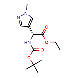 Chemical structure of Ethyl (2R)-2-(tert-butoxycarbonylamino)-2-(1-methylpyrazol-4-yl)acetate , CAS 2740593-31-9, AChemBlock U103554
