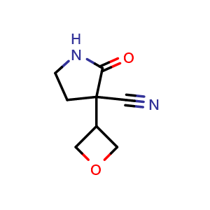Chemical structure of 3-(Oxetan-3-yl)-2-oxo-pyrrolidine-3-carbonitrile , CAS 1462289-86-6, AChemBlock U103562