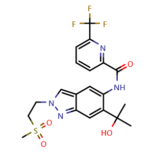 Chemical structure of N-[6-(1-hydroxy-1-methyl-ethyl)-2-(2-methylsulfonylethyl)indazol-5-yl]-6-(trifluoromethyl)pyridine-2-carboxamide , CAS 1931994-81-8, AChemBlock U103572