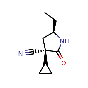 Chemical structure of (3R,5r)-3-cyclopropyl-5-ethyl-2-oxo-pyrrolidine-3-carbonitrile , CAS 1462290-14-7, AChemBlock U103587