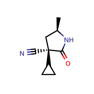 Chemical structure of (3R,5r)-3-cyclopropyl-5-methyl-2-oxo-pyrrolidine-3-carbonitrile , CAS 1462290-03-4, AChemBlock U103588