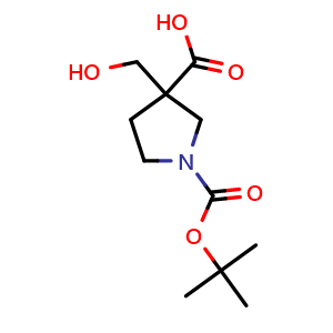 Chemical structure of 1-Tert-butoxycarbonyl-3-(hydroxymethyl)pyrrolidine-3-carboxylic acid , CAS 1056623-91-6, AChemBlock U103622