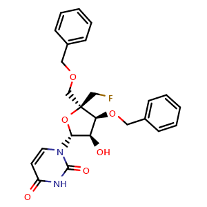 Chemical structure of 1-[(2R,3R,4S,5R)-4-benzyloxy-5-(benzyloxymethyl)-5-(fluoromethyl)-3-hydroxy-tetrahydrofuran-2-yl]pyrimidine-2,4-dione , CAS 200066-88-2, AChemBlock U103637