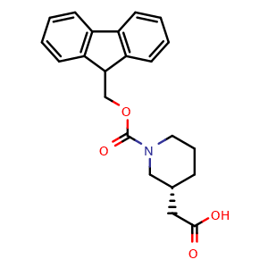Chemical structure of 2-[ (3R)-1-(9H-fluoren-9-ylmethoxycarbonyl)-3-piperidyl]acetic acid , CAS 1217739-96-2, AChemBlock U103638