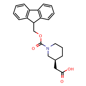Chemical structure of 2-[ (3S)-1-(9H-fluoren-9-ylmethoxycarbonyl)-3-piperidyl]acetic acid , CAS 1217646-18-8, AChemBlock U103639