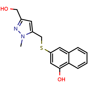 Chemical structure of 3-[[5-(Hydroxymethyl)-2-methyl-pyrazol-3-yl]methylsulfanyl]naphthalen-1-ol , CAS 2245716-32-7, AChemBlock U103652