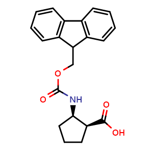 Chemical structure of (1S,2R)-2-(9H-fluoren-9-ylmethoxycarbonylamino)cyclopentanecarboxylic acid , CAS 1203556-26-6, AChemBlock U103669
