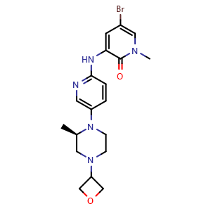 Chemical structure of 5-Bromo-1-methyl-3-[[5-[(2R)-2-methyl-4-(oxetan-3-yl)piperazin-1-yl]-2-pyridyl]amino]pyridin-2-one , CAS 1433860-44-6, AChemBlock U103706