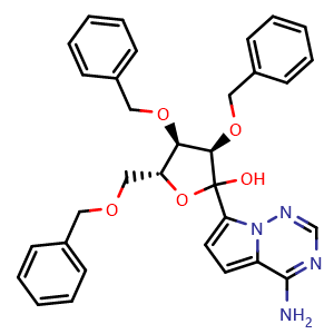 Chemical structure of (3R,4R,5R)-2-(4-aminopyrrolo[2,1-f][1,2,4]triazin-7-yl)-3,4-dibenzyloxy-5-(benzyloxymethyl)tetrahydrofuran-2-ol , CAS 1355049-94-3, AChemBlock U103709