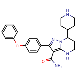 Chemical structure of 2-(4-Phenoxyphenyl)-7-(4-piperidyl)-4,5,6,7-tetrahydropyrazolo[1,5-a]pyrimidine-3-carboxamide , CAS 1633350-04-5, AChemBlock U103711