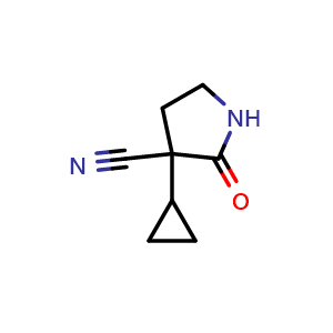 Chemical structure of 3-Cyclopropyl-2-oxo-pyrrolidine-3-carbonitrile , CAS 1462287-25-7, AChemBlock U103715