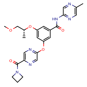 Chemical structure of 3-[5-(Azetidine-1-carbonyl)pyrazin-2-yl]oxy-5-[(1R)-2-methoxy-1-methyl-ethoxy]-N-(5-methylpyrazin-2-yl)benzamide , CAS 919784-13-7, AChemBlock U103744