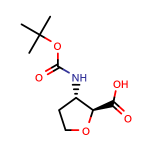 Chemical structure of (2S,3S)-3-(tert-butoxycarbonylamino)tetrahydrofuran-2-carboxylic acid , CAS 1801627-58-6, AChemBlock U103753